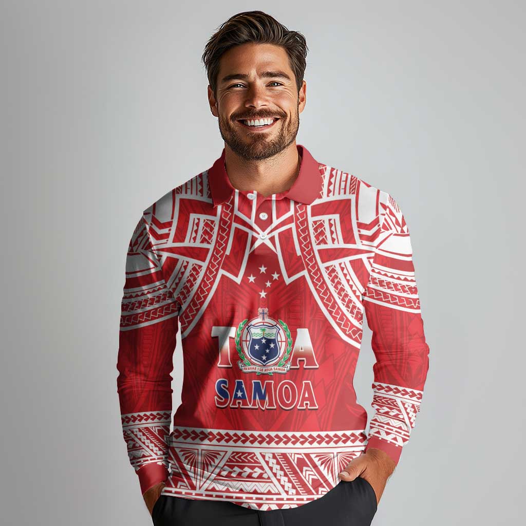 Samoa Rugby Custom Long Sleeve Polo Shirt Toa Samoa Pacific Sporty Red - Polynesian Pride