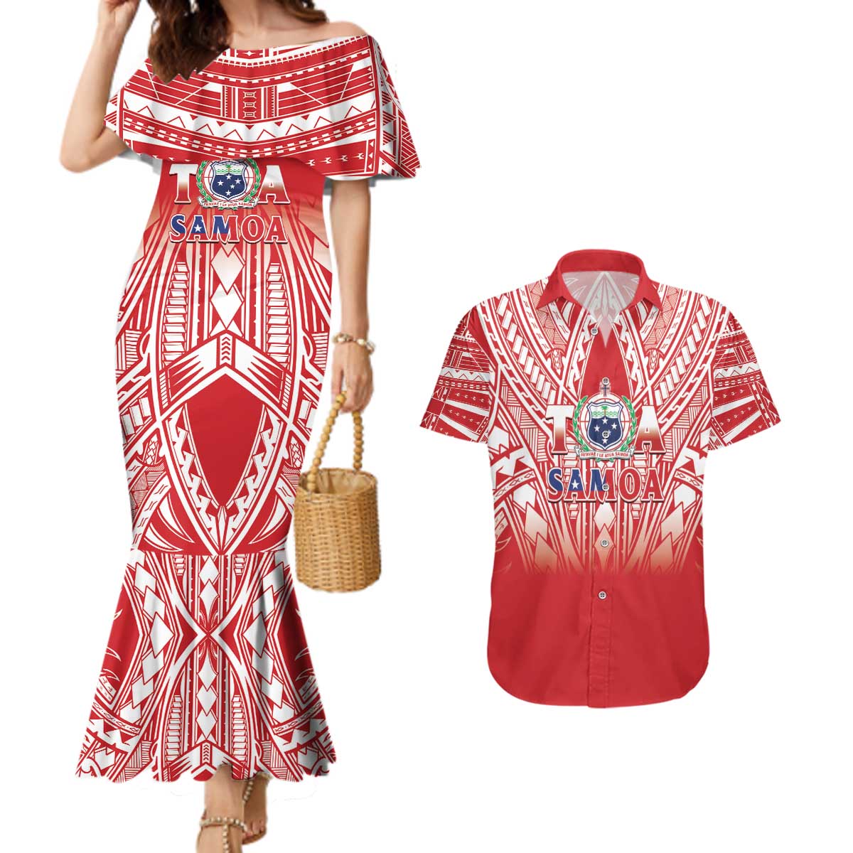 Toa Samoa Rugby Custom Couples Matching Mermaid Dress and Hawaiian Shirt Samoa mo Samoa Polynesian Pacific Red - Polynesian Pride