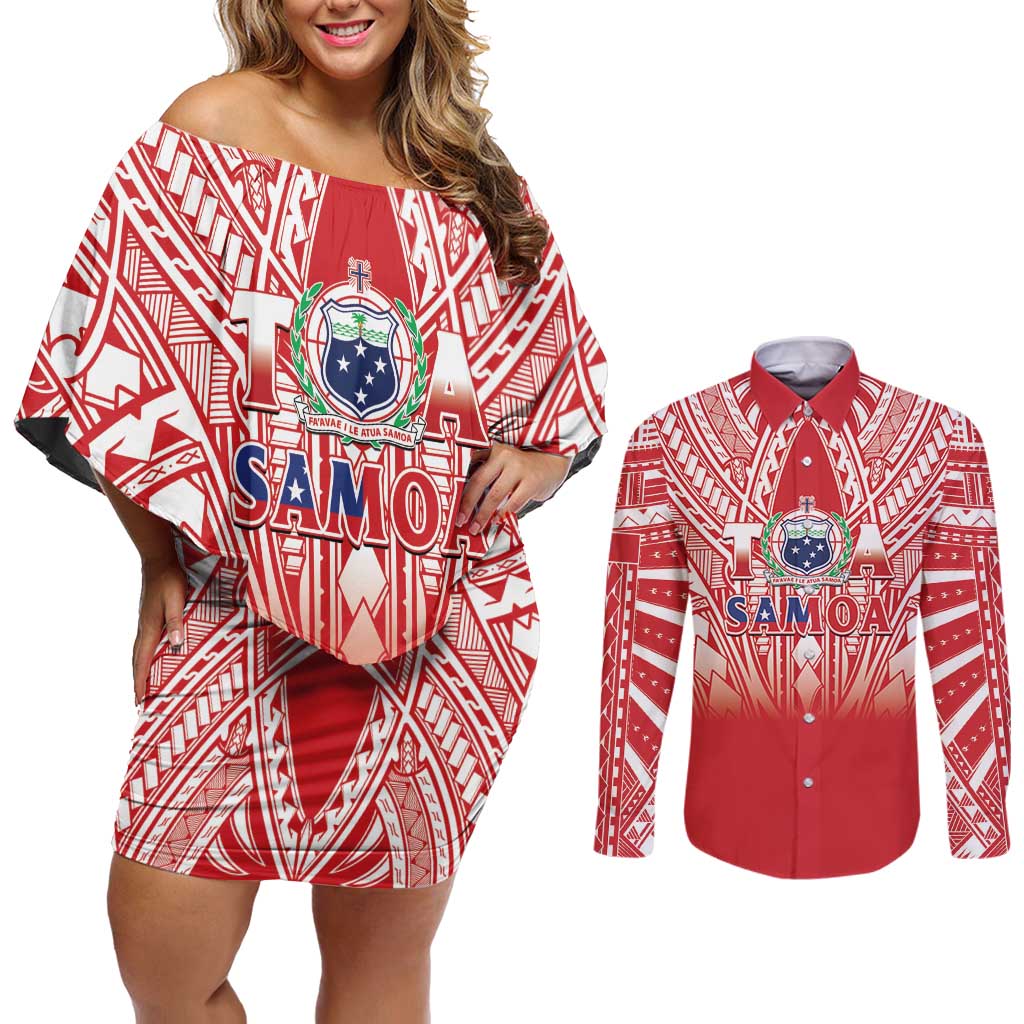 Toa Samoa Rugby Custom Couples Matching Off Shoulder Short Dress and Long Sleeve Button Shirt Samoa mo Samoa Polynesian Pacific Red - Polynesian Pride