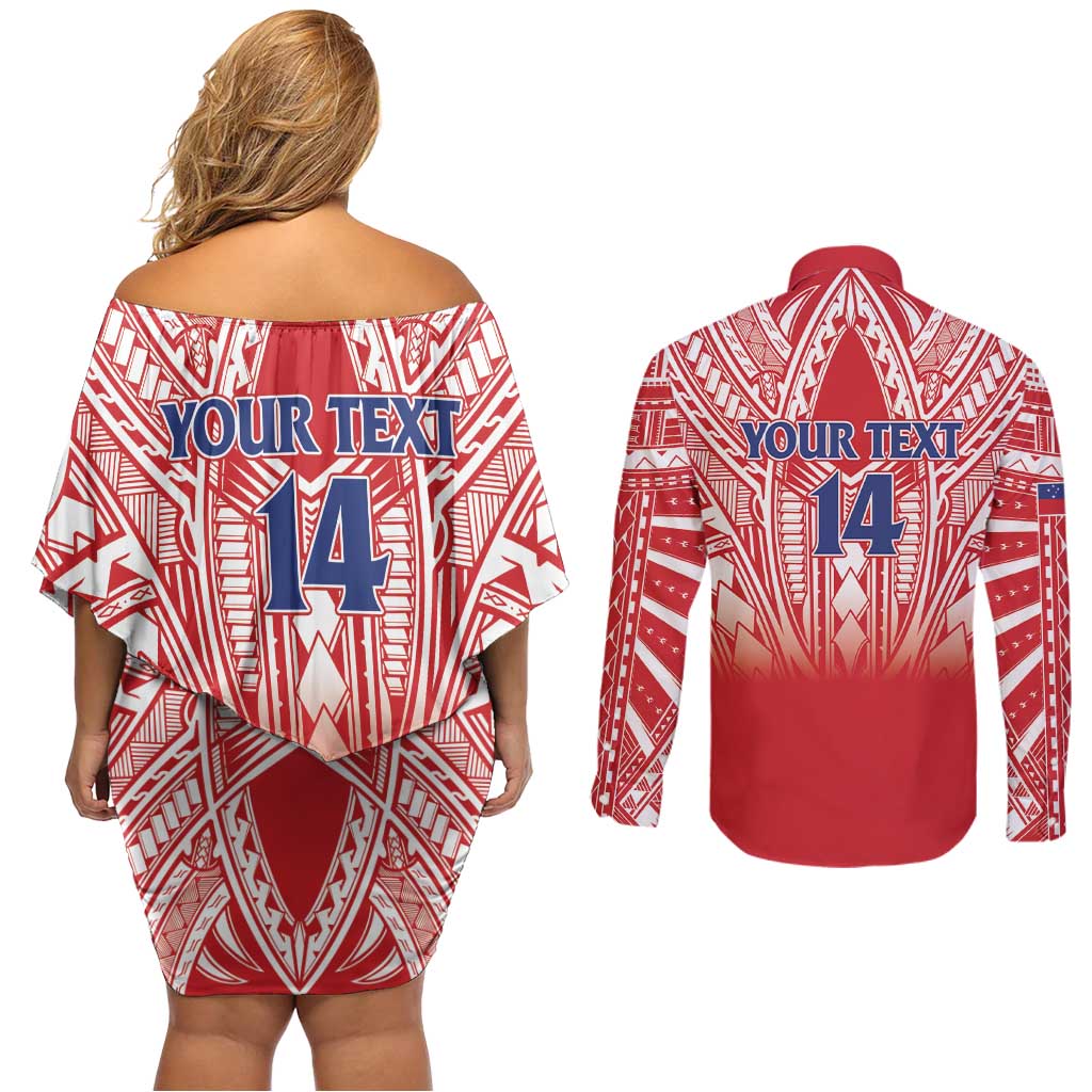 Toa Samoa Rugby Custom Couples Matching Off Shoulder Short Dress and Long Sleeve Button Shirt Samoa mo Samoa Polynesian Pacific Red - Polynesian Pride