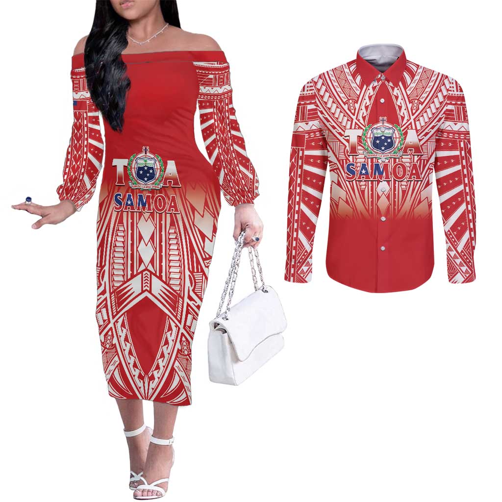 Toa Samoa Rugby Custom Couples Matching Off The Shoulder Long Sleeve Dress and Long Sleeve Button Shirt Samoa mo Samoa Polynesian Pacific Red - Polynesian Pride