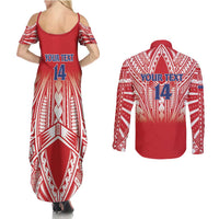 Toa Samoa Rugby Custom Couples Matching Summer Maxi Dress and Long Sleeve Button Shirt Samoa mo Samoa Polynesian Pacific Red - Polynesian Pride