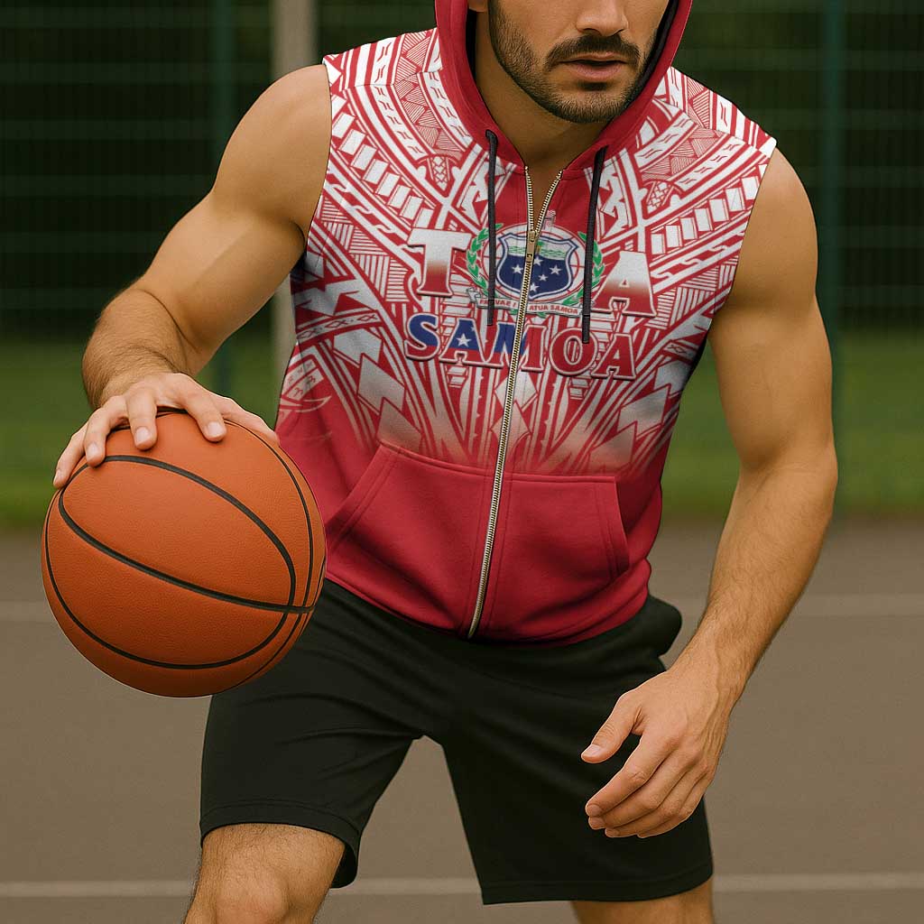 Toa Samoa Rugby Custom Sleeveless Zip Hoodie Samoa mo Samoa Polynesian Pacific Red - Polynesian Pride
