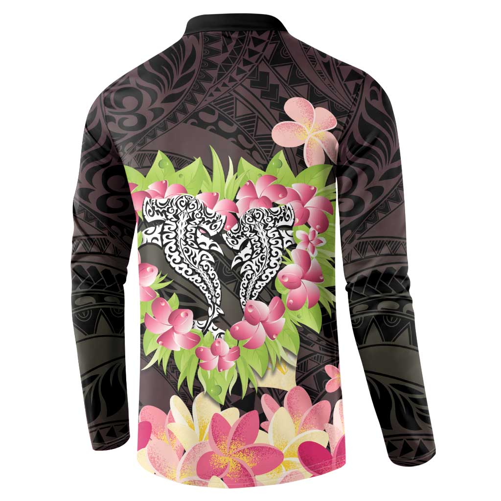 Polynesia Valentine's Day Button Sweatshirt Hammerhead Shark Plumeria With Polynesian Pattern
