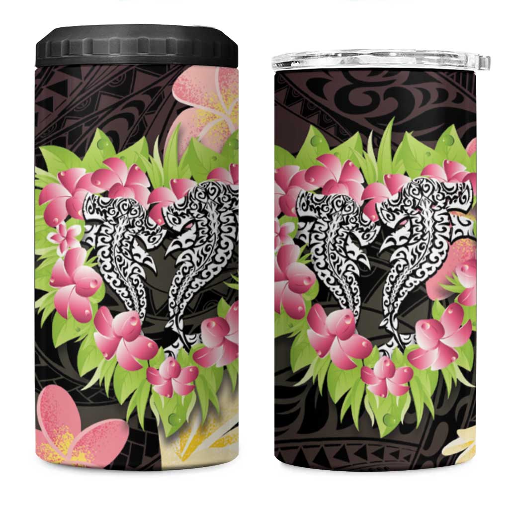 Polynesia Valentine's Day 4 in 1 Can Cooler Tumbler Hammerhead Shark Plumeria With Polynesian Pattern