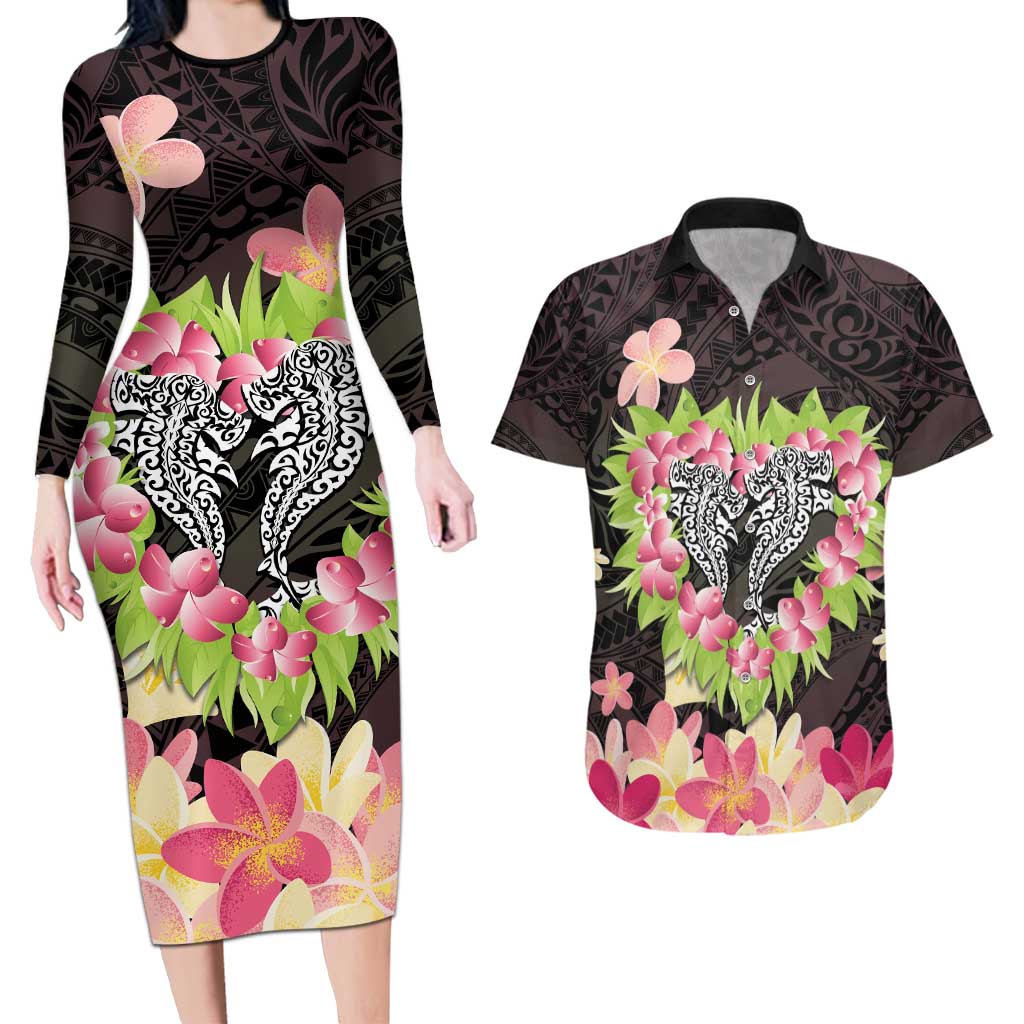 Polynesia Valentine's Day Couples Matching Long Sleeve Bodycon Dress and Hawaiian Shirt Hammerhead Shark Plumeria With Polynesian Pattern LT14 Black - Polynesian Pride