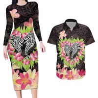 Polynesia Valentine's Day Couples Matching Long Sleeve Bodycon Dress and Hawaiian Shirt Hammerhead Shark Plumeria With Polynesian Pattern LT14 Black - Polynesian Pride
