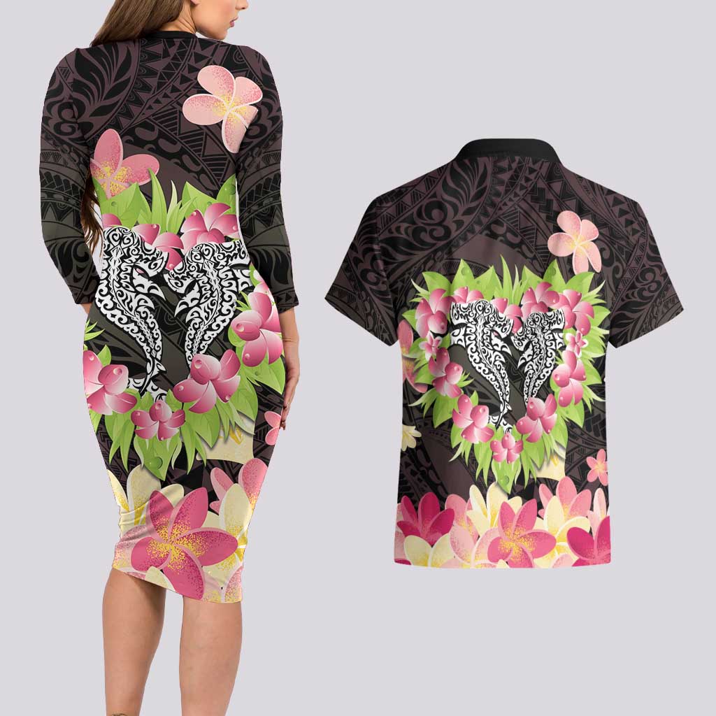 Polynesia Valentine's Day Couples Matching Long Sleeve Bodycon Dress and Hawaiian Shirt Hammerhead Shark Plumeria With Polynesian Pattern LT14 - Polynesian Pride