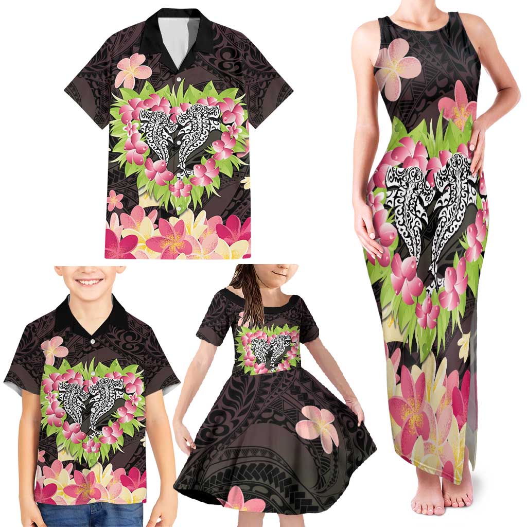 Polynesia Valentine's Day Family Matching Tank Maxi Dress and Hawaiian Shirt Hammerhead Shark Plumeria With Polynesian Pattern