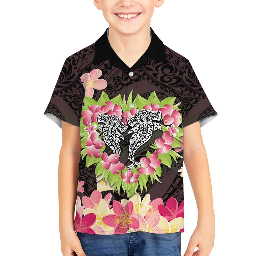 Polynesia Valentine's Day Family Matching Tank Maxi Dress and Hawaiian Shirt Hammerhead Shark Plumeria With Polynesian Pattern