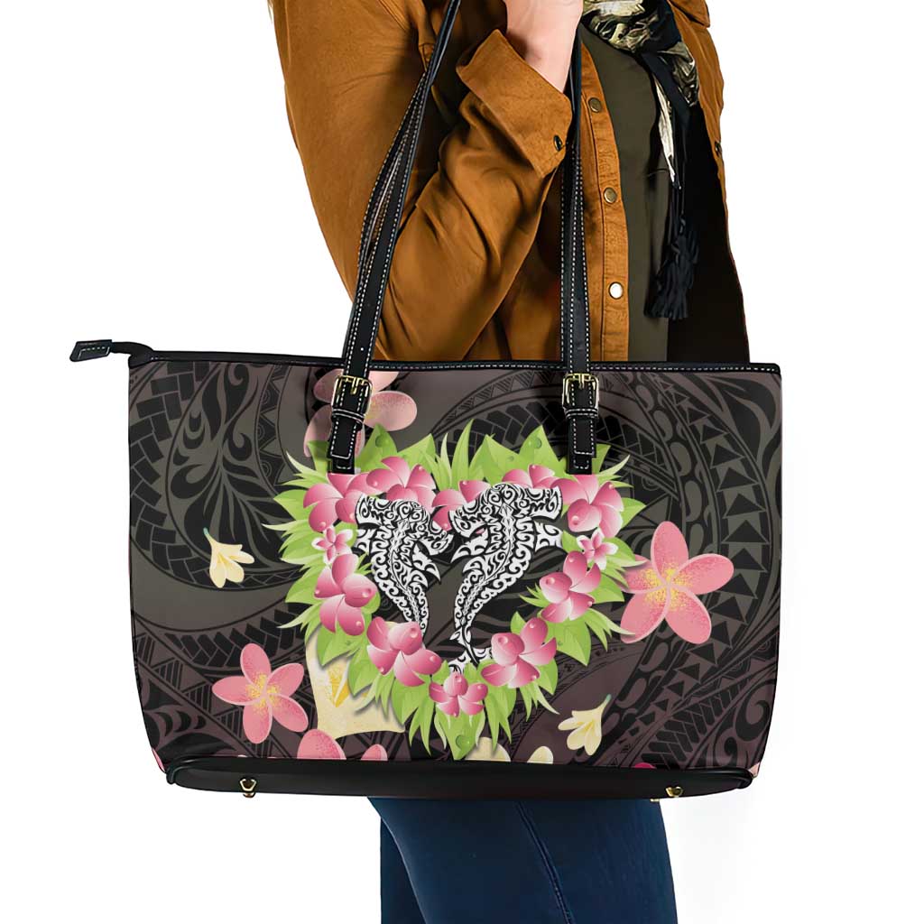 Polynesia Valentine's Day Leather Tote Bag Hammerhead Shark Plumeria With Polynesian Pattern