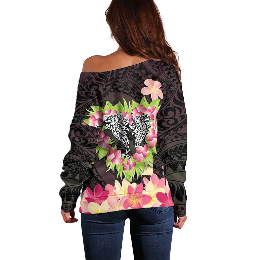 Polynesia Valentine's Day Off Shoulder Sweater Hammerhead Shark Plumeria With Polynesian Pattern
