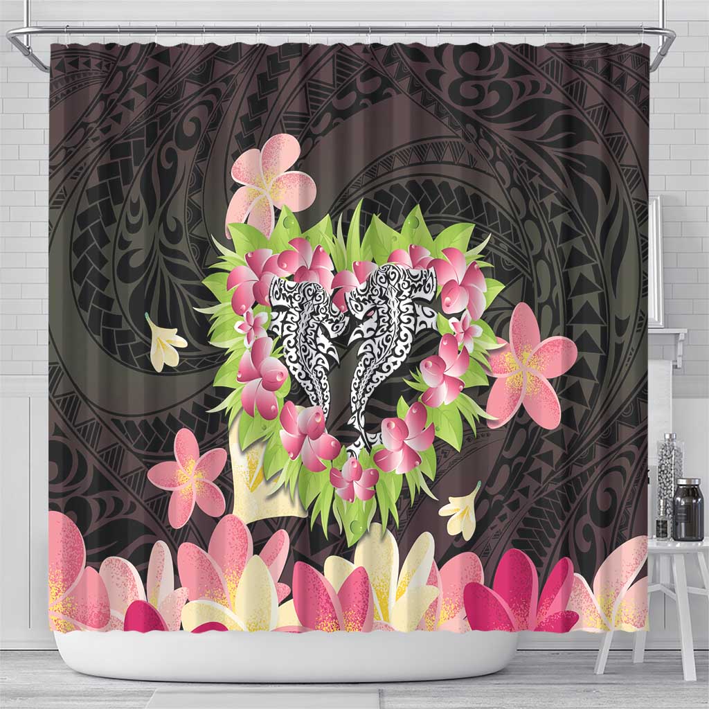 Polynesia Valentine's Day Shower Curtain Hammerhead Shark Plumeria With Polynesian Pattern