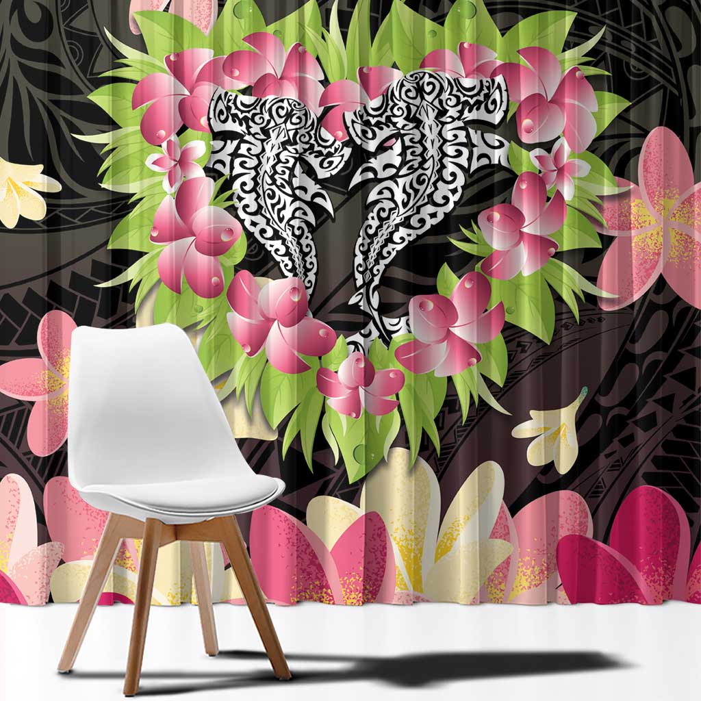 Polynesia Valentine's Day Window Curtain Hammerhead Shark Plumeria With Polynesian Pattern