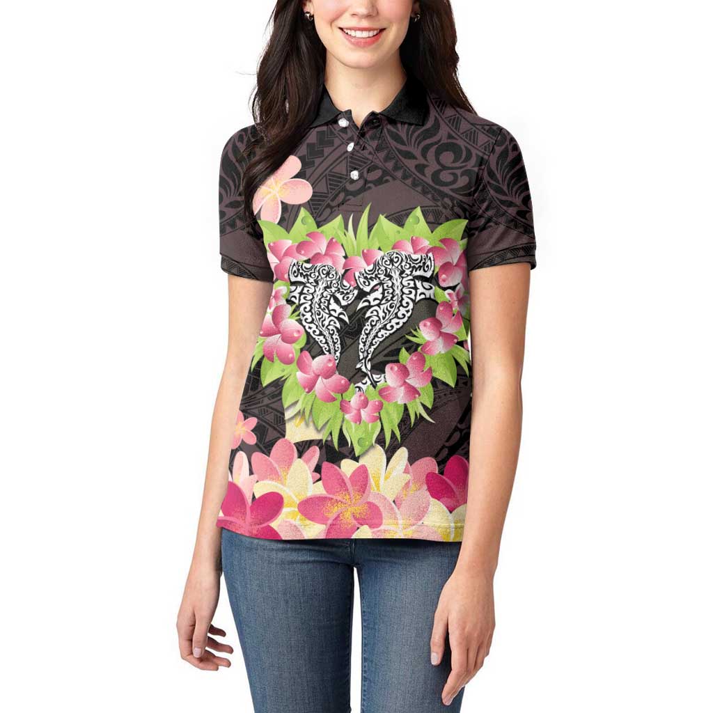 Polynesia Valentine's Day Women Polo Shirt Hammerhead Shark Plumeria With Polynesian Pattern