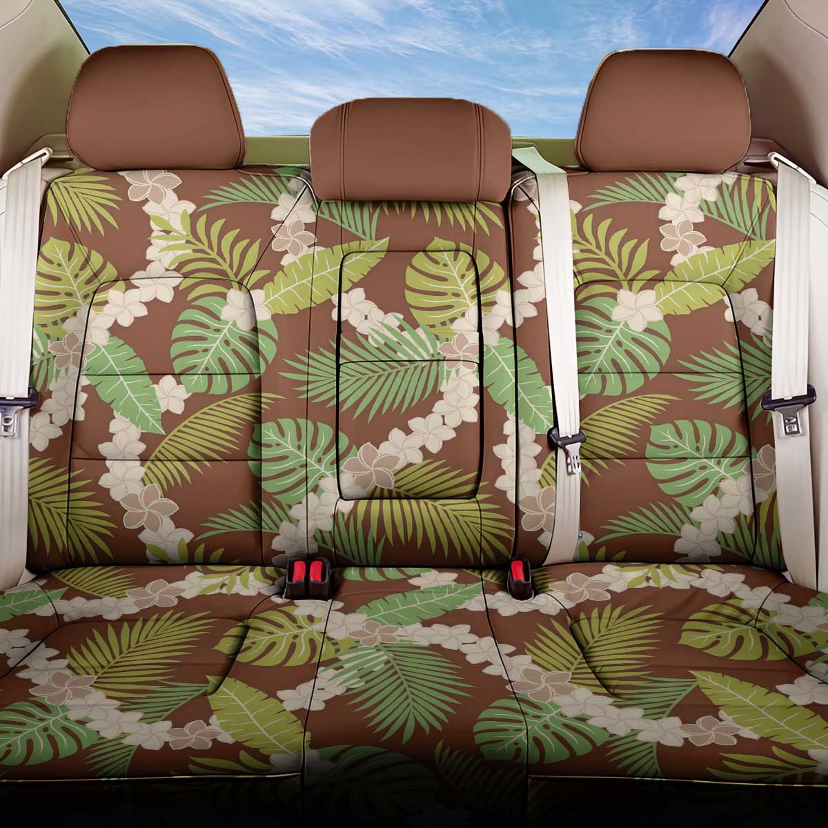 Brown Hawaii Plumeria Lei With Tropical Leaves Back Car Seat Cover