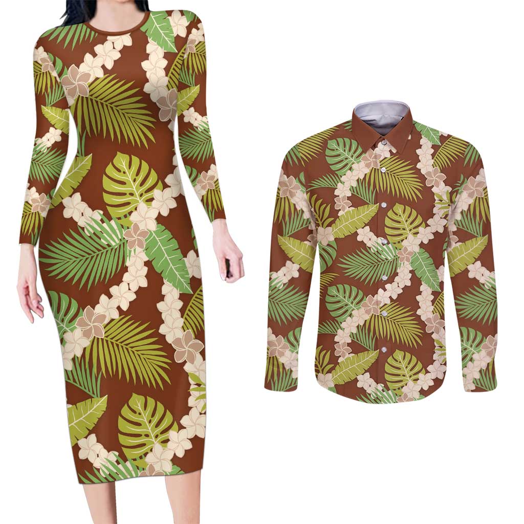 Brown Hawaii Plumeria Lei With Tropical Leaves Couples Matching Long Sleeve Bodycon Dress and Long Sleeve Button Shirt