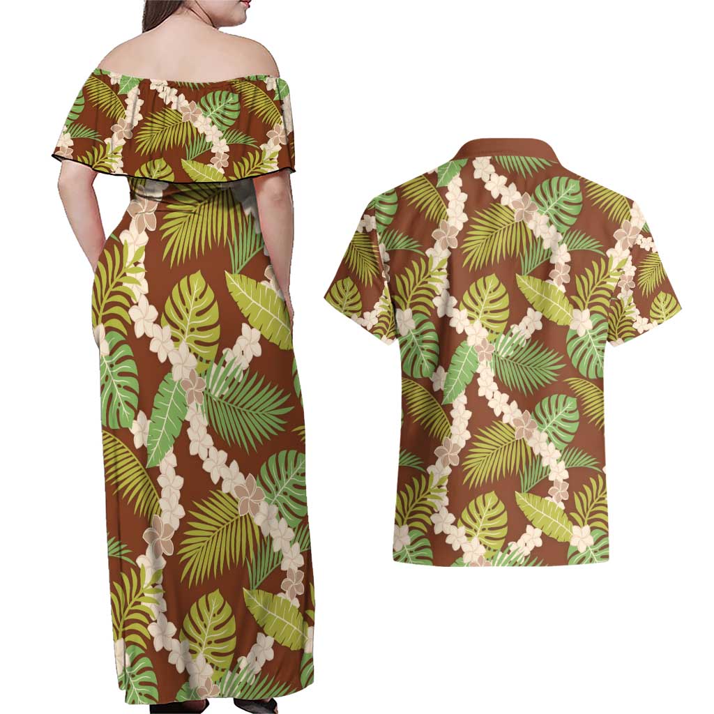 Brown Hawaii Plumeria Lei With Tropical Leaves Couples Matching Off Shoulder Maxi Dress and Hawaiian Shirt