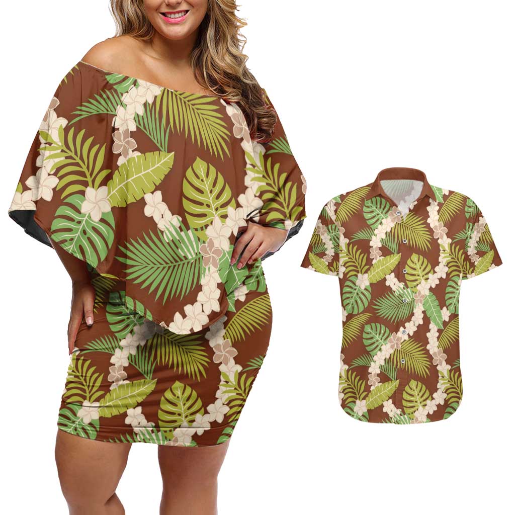 Brown Hawaii Plumeria Lei With Tropical Leaves Couples Matching Off Shoulder Short Dress and Hawaiian Shirt
