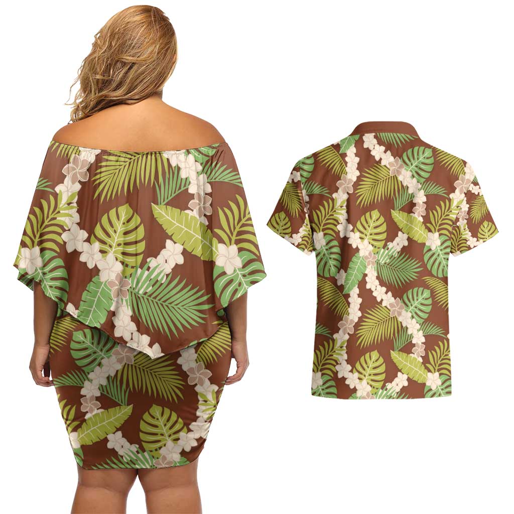 Brown Hawaii Plumeria Lei With Tropical Leaves Couples Matching Off Shoulder Short Dress and Hawaiian Shirt
