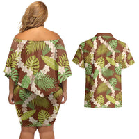 Brown Hawaii Plumeria Lei With Tropical Leaves Couples Matching Off Shoulder Short Dress and Hawaiian Shirt