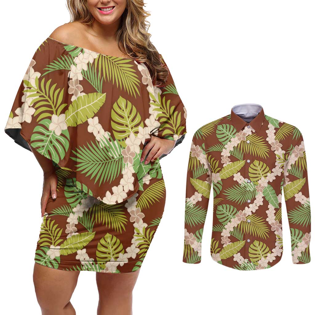 Brown Hawaii Plumeria Lei With Tropical Leaves Couples Matching Off Shoulder Short Dress and Long Sleeve Button Shirt