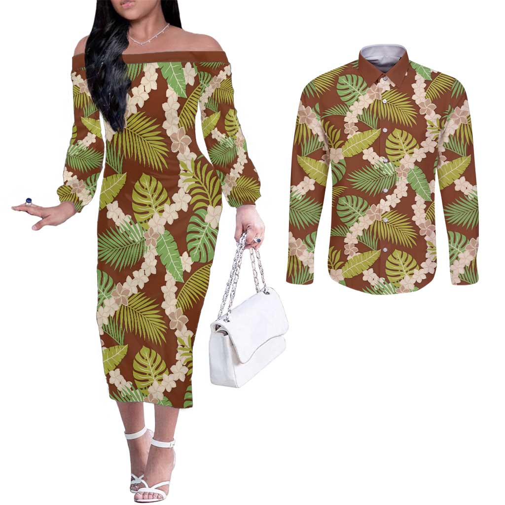 Brown Hawaii Plumeria Lei With Tropical Leaves Couples Matching Off The Shoulder Long Sleeve Dress and Long Sleeve Button Shirt