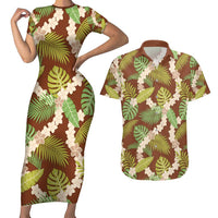 Brown Hawaii Plumeria Lei With Tropical Leaves Couples Matching Short Sleeve Bodycon Dress and Hawaiian Shirt
