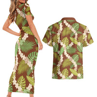 Brown Hawaii Plumeria Lei With Tropical Leaves Couples Matching Short Sleeve Bodycon Dress and Hawaiian Shirt