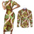 Brown Hawaii Plumeria Lei With Tropical Leaves Couples Matching Short Sleeve Bodycon Dress and Long Sleeve Button Shirt