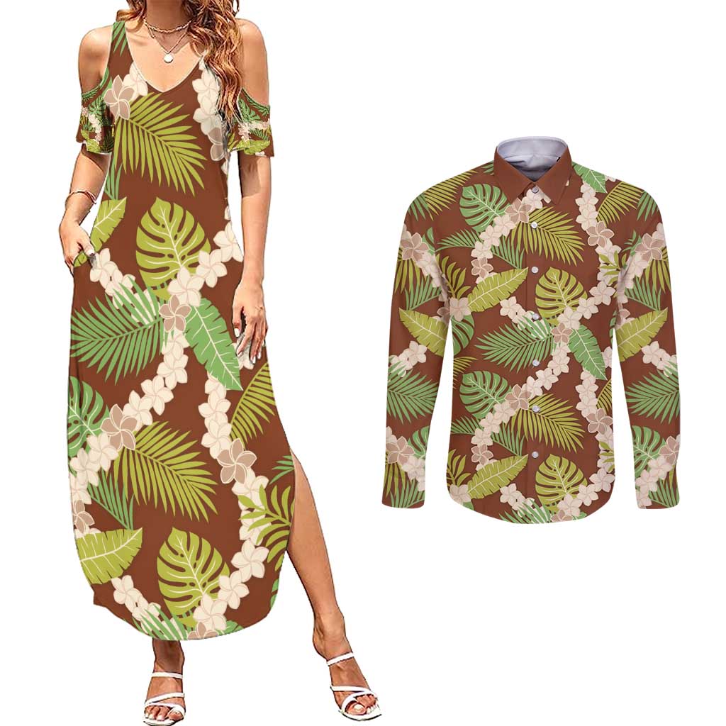 Brown Hawaii Plumeria Lei With Tropical Leaves Couples Matching Summer Maxi Dress and Long Sleeve Button Shirt