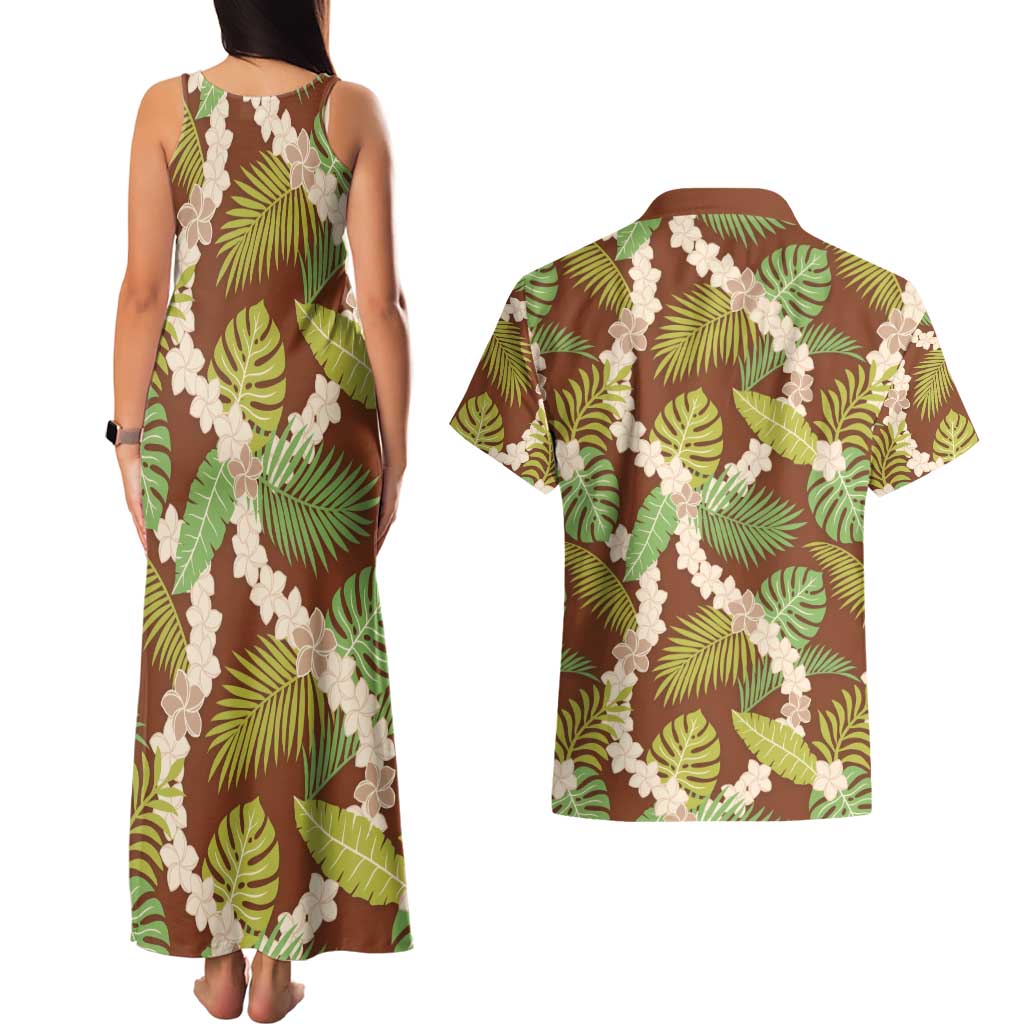 Brown Hawaii Plumeria Lei With Tropical Leaves Couples Matching Tank Maxi Dress and Hawaiian Shirt