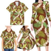 Brown Hawaii Plumeria Lei With Tropical Leaves Family Matching Long Sleeve Bodycon Dress and Hawaiian Shirt LT14 - Polynesian Pride