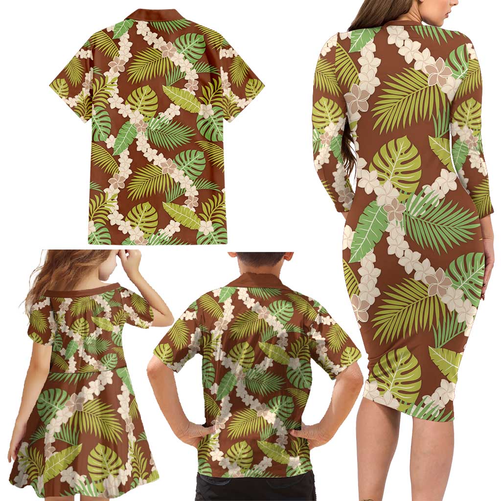 Brown Hawaii Plumeria Lei With Tropical Leaves Family Matching Long Sleeve Bodycon Dress and Hawaiian Shirt LT14 - Polynesian Pride
