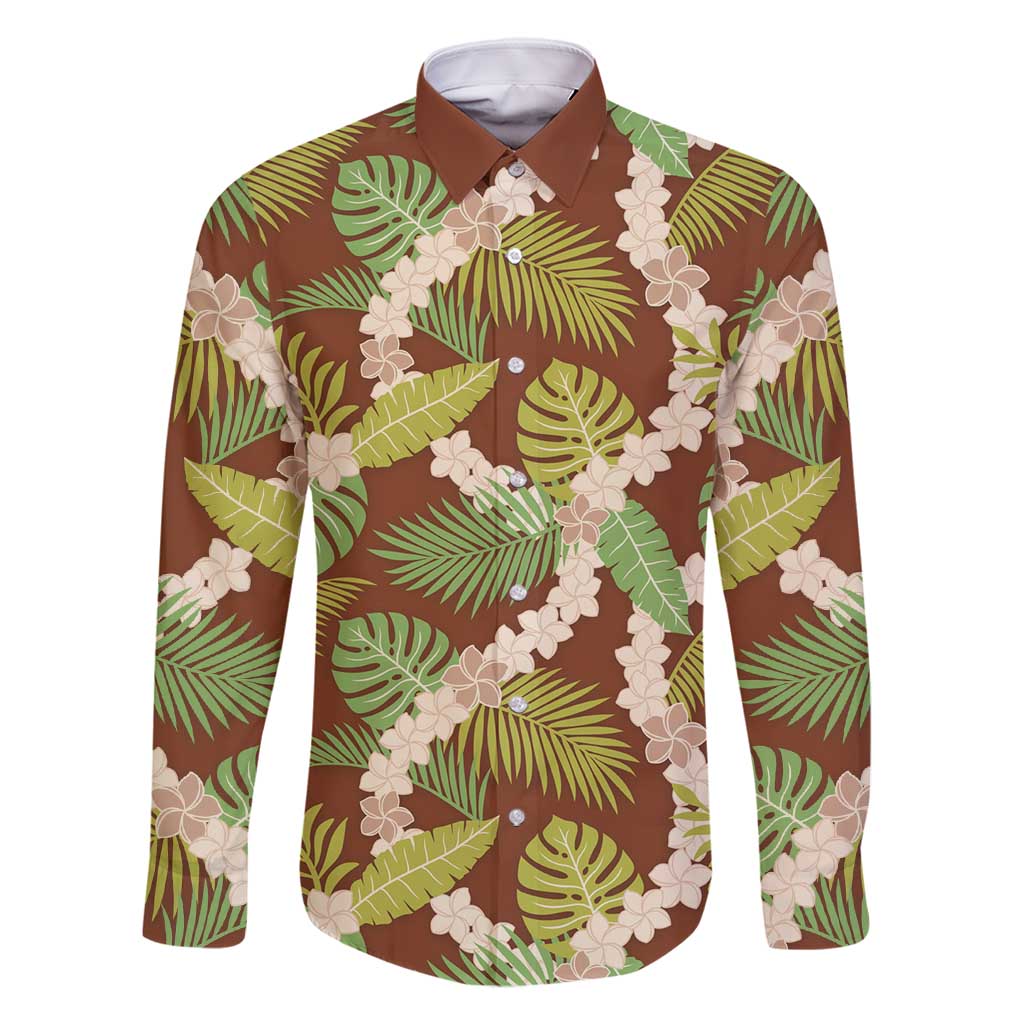 Brown Hawaii Plumeria Lei With Tropical Leaves Family Matching Mermaid Dress and Hawaiian Shirt LT14 Dad's Shirt - Long Sleeve Brown - Polynesian Pride