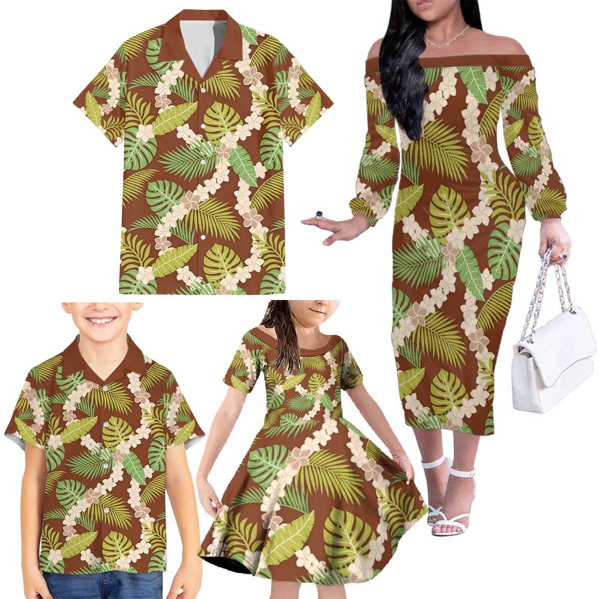 Brown Hawaii Plumeria Lei With Tropical Leaves Family Matching Off The Shoulder Long Sleeve Dress and Hawaiian Shirt LT14 - Polynesian Pride