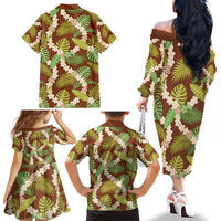 Brown Hawaii Plumeria Lei With Tropical Leaves Family Matching Off The Shoulder Long Sleeve Dress and Hawaiian Shirt LT14 - Polynesian Pride