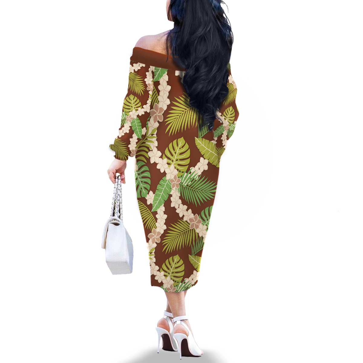 Brown Hawaii Plumeria Lei With Tropical Leaves Family Matching Off The Shoulder Long Sleeve Dress and Hawaiian Shirt LT14 - Polynesian Pride
