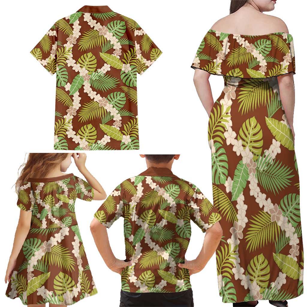 Brown Hawaii Plumeria Lei With Tropical Leaves Family Matching Off Shoulder Maxi Dress and Hawaiian Shirt