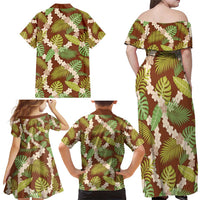 Brown Hawaii Plumeria Lei With Tropical Leaves Family Matching Off Shoulder Maxi Dress and Hawaiian Shirt