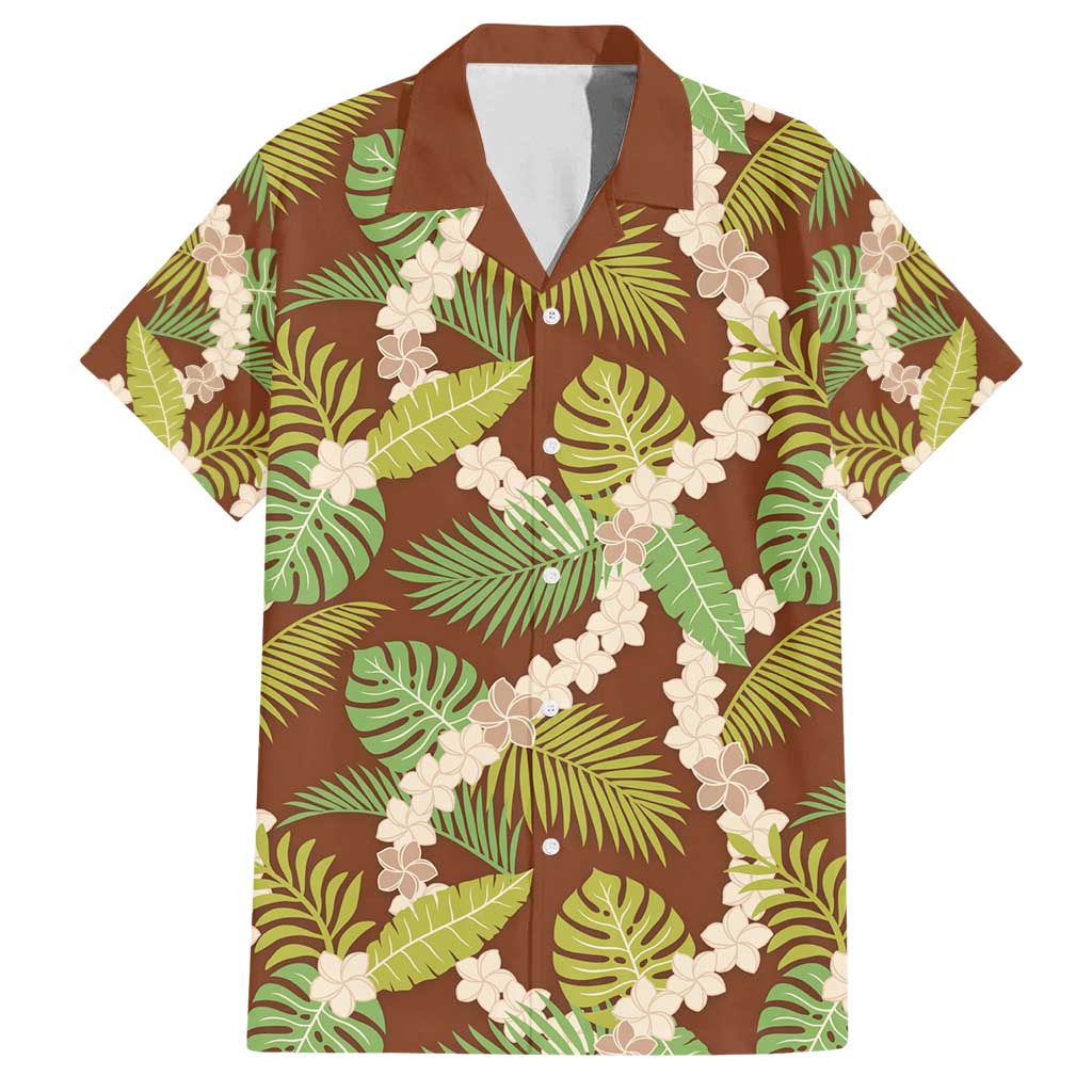 Brown Hawaii Plumeria Lei With Tropical Leaves Family Matching Off Shoulder Maxi Dress and Hawaiian Shirt