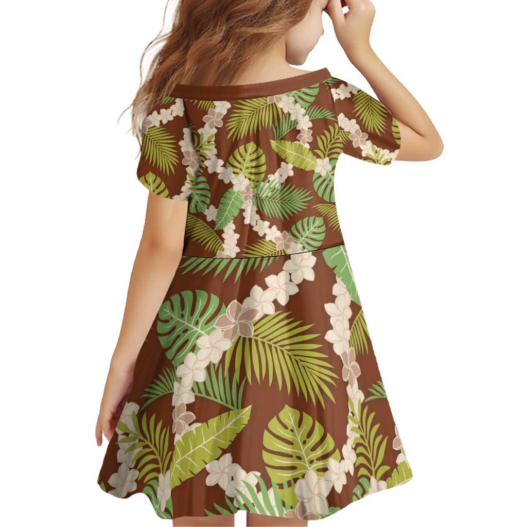 Brown Hawaii Plumeria Lei With Tropical Leaves Family Matching Off Shoulder Short Dress and Hawaiian Shirt