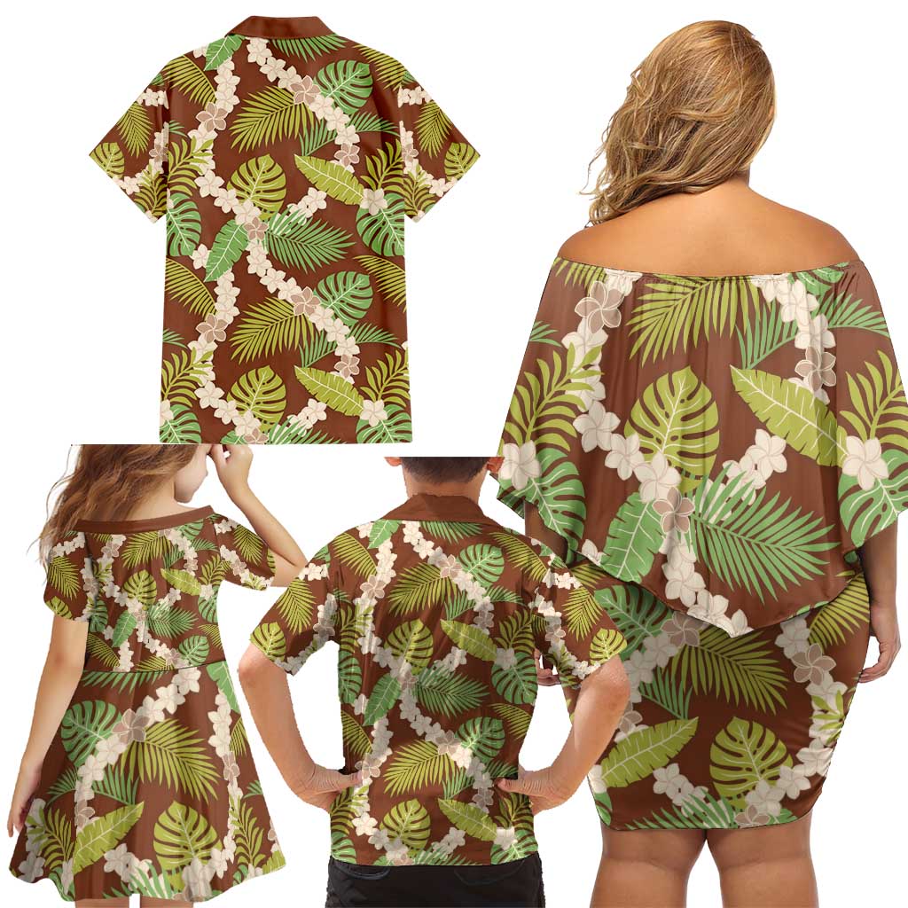 Brown Hawaii Plumeria Lei With Tropical Leaves Family Matching Off Shoulder Short Dress and Hawaiian Shirt