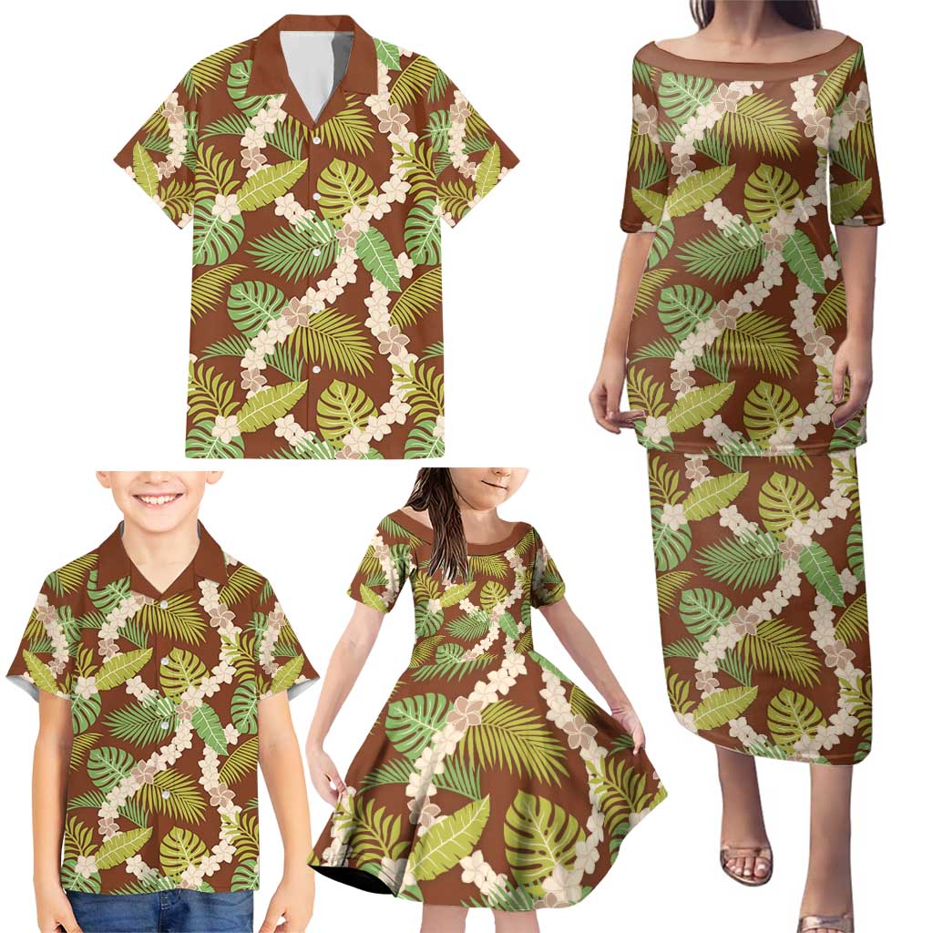 Brown Hawaii Plumeria Lei With Tropical Leaves Family Matching Puletasi and Hawaiian Shirt LT14 - Polynesian Pride