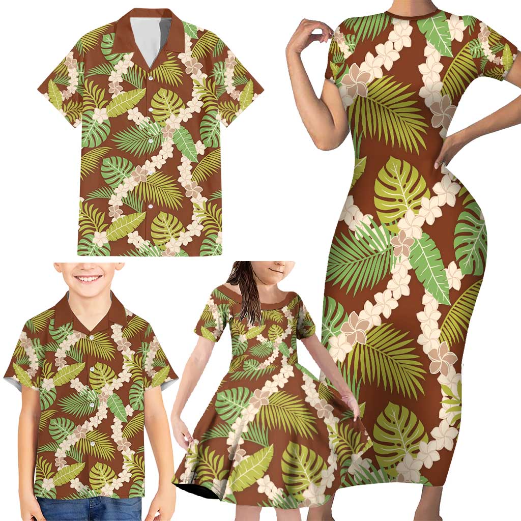 Brown Hawaii Plumeria Lei With Tropical Leaves Family Matching Short Sleeve Bodycon Dress and Hawaiian Shirt LT14 - Polynesian Pride