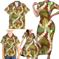 Brown Hawaii Plumeria Lei With Tropical Leaves Family Matching Short Sleeve Bodycon Dress and Hawaiian Shirt LT14 - Polynesian Pride