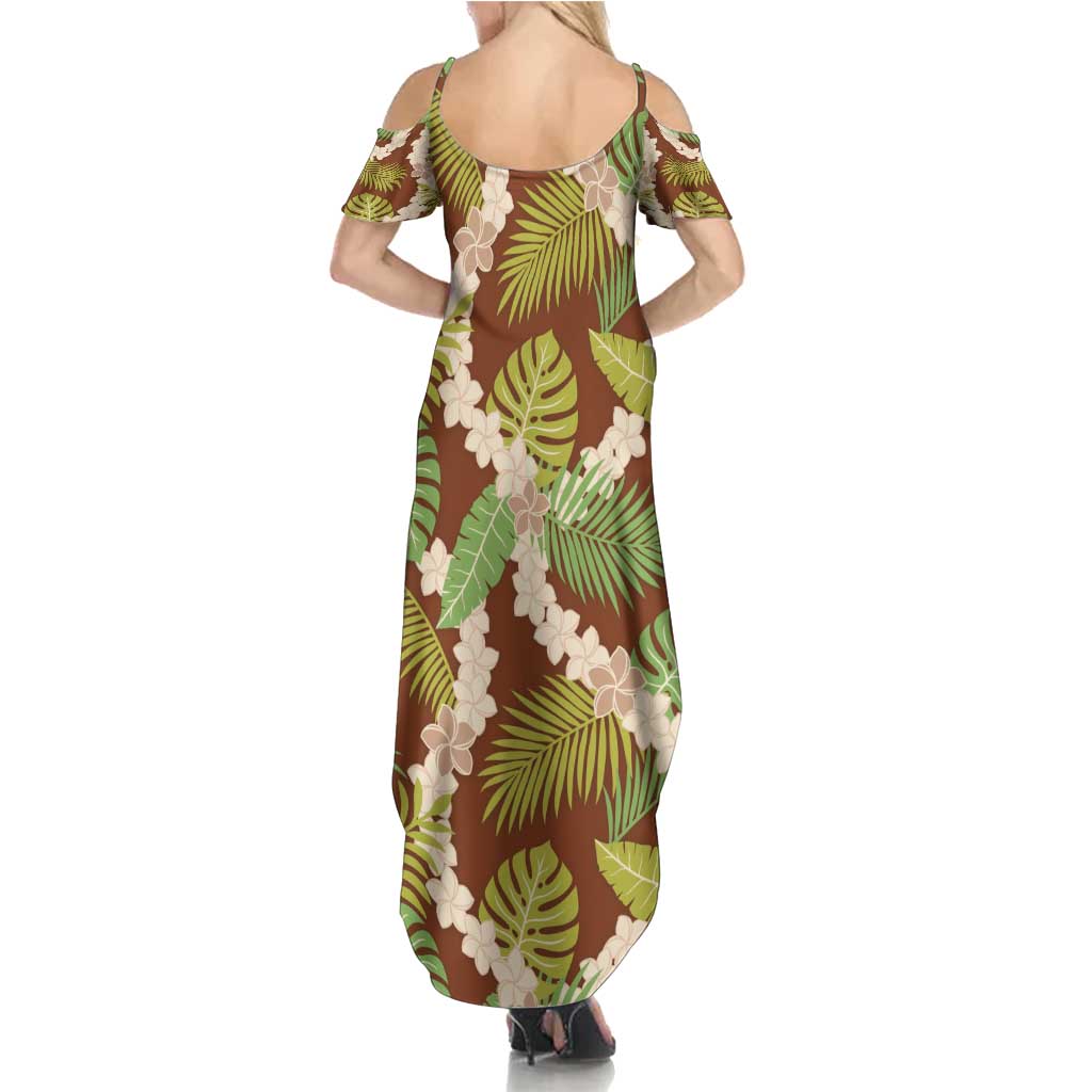 Brown Hawaii Plumeria Lei With Tropical Leaves Family Matching Summer Maxi Dress and Hawaiian Shirt