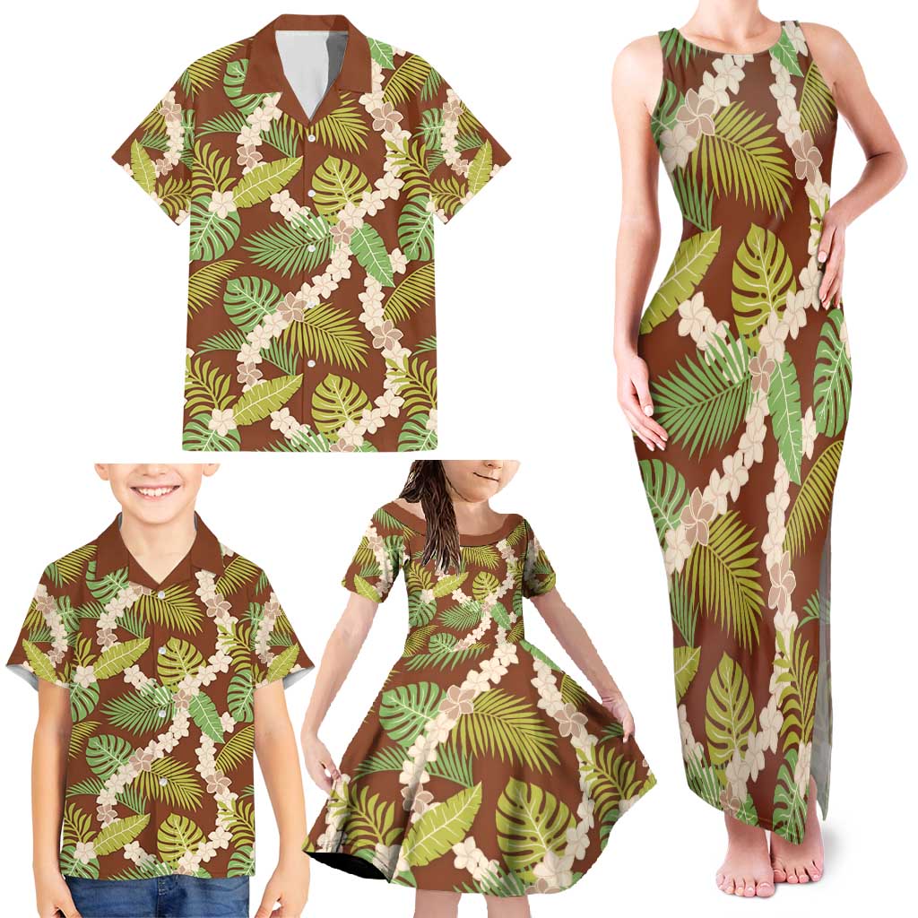 Brown Hawaii Plumeria Lei With Tropical Leaves Family Matching Tank Maxi Dress and Hawaiian Shirt