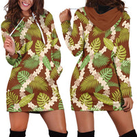Brown Hawaii Plumeria Lei With Tropical Leaves Hoodie Dress