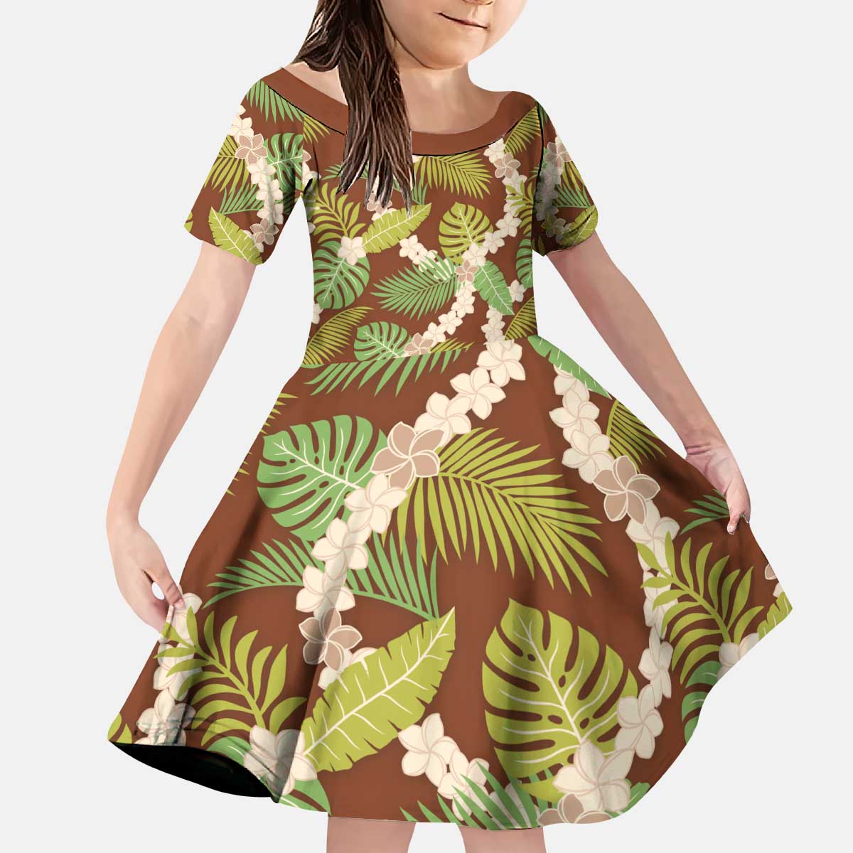 Brown Hawaii Plumeria Lei With Tropical Leaves Kid Short Sleeve Dress